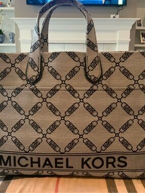 Michael Kors Tan and Black Monogram Jacquard Tote